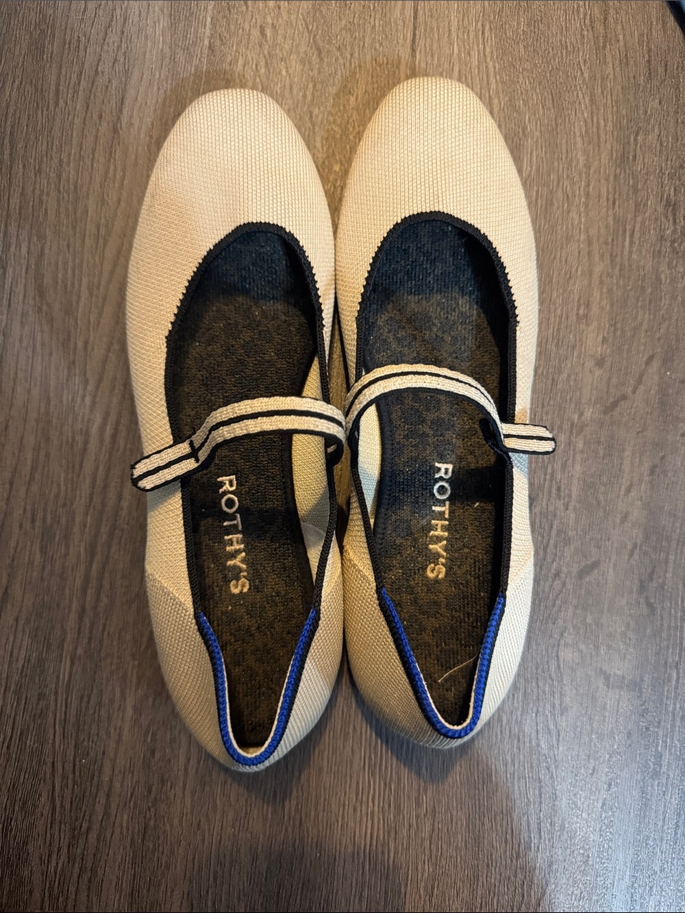 Rothy's Cream Knit Mary Jane Flats with Black Trim